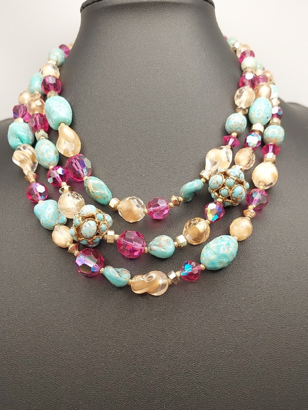 HATTIE CARNEGIE 3-Strand Vtg Blue Ceramic, AB Fuchsia Glass Choker Necklace MCM - Picture 13 of 16
